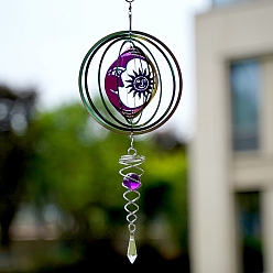 Sun Metal 3D Wind Spinner, with Glass Beads, for Outdoor Courtyard Garden Hanging Decoration, Rainbow Color, Sun, 150mm