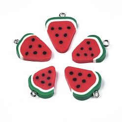 Red Polymer Clay Pendants, Watermelon, Red, 17~22x15~17x3~5mm, Hole: 2mm