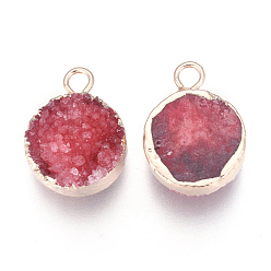 Red Natural Druzy Agate Pendants, with Real 18K Gold Plated Brass Finding, Long-Lasting Plated, Flat Round, Dyed, Red, 18~20x14x5~10mm, Hole: 2~3mm