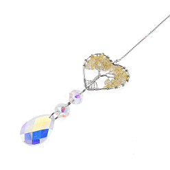 Yellow Quartz Natural Yellow Quartz Big Pendants, with Platinum Brass Chain Extender and Findings, Plating Glass Teardrop & Flower, Clear AB Color, Heart with Tree of Life, 130mm, Hole: 4mm