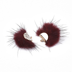 Rouge Foncé Décorations pendantes de pompon en fausse fourrure de vison, avec strass et les accessoires en alliage, fan, or, rouge foncé, 24~28x29~34x8mm, Trou: 1.5mm