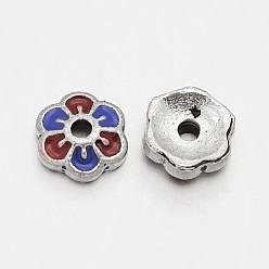 Colorful Antique Silver Plated Flower Alloy Enamel Bead Caps, 6-Petal, Colorful, 6x2mm, Hole: 1mm