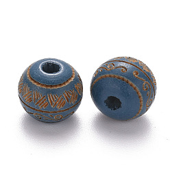 Steel Blue Painted Natural Wood Beads, Laser Engraved Pattern, Round with Leave Pattern, Steel Blue, 10x9mm, Hole: 2.5mm