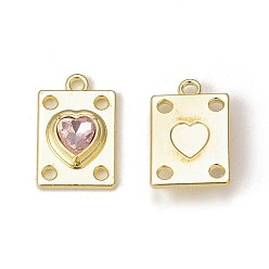 Pink Rack Plating Alloy Glass Pendants, Golden, Rectangle with Heart Charms, Pink, 19.5x12.5x5mm, Hole: 1.8mm