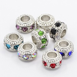 Mixed Color Alloy Glass Rhinestone European Beads, Large Hole Beads, Rondelle, Platinum Metal Color, Mixed Color, 10x7mm, Hole: 5mm