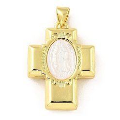 Real 18K Gold Plated Rack Plating Brass Pendant, with Shell, Long-Lasting Plated, Lead Free & Cadmium Free, Cross with Saint, Real 18K Gold Plated, 25x18x6.5mm, Hole: 4.5x3.5mm