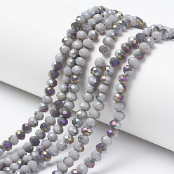 Silver Electroplate Opaque Glass Beads Strands, Half Purple Plated, Faceted, Rondelle, Silver, 8x6mm, Hole: 1mm, about 72pcs/strand, 16.14 inch(41cm)