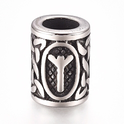 Antique Silver 304 Stainless Steel European Beads, Large Hole Beads, Column with Runes/Futhark/Futhor, Antique Silver, 16.2x13.4mm, Hole: 8mm