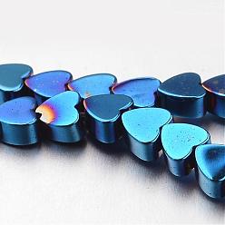со Синим Покрытием Гальванизировать немагнитных синтетический гематит нитей бисера, сердце, с покрытием синим, 4x4x2 мм, отверстие : 1 мм, около 110 шт / нитка, 15.7 дюйм