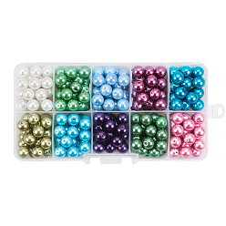 Mixed Color 10 Color Eco-Friendly Pearlized Round Glass Pearl Beads, Dyed, Mixed Color, 8mm, Hole: 1mm, about 23pcs/compartment, 230pcs/box