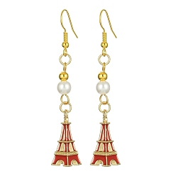 Roja Pendientes colgantes de aleación de esmalte de la Torre Eiffel con cuentas de perlas de imitación, Pendientes largos dorados con pasadores de hierro., rojo, 64x9 mm