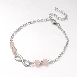 Rose Quartz Fashion Tibetan Style Alloy Infinity Anklets, with Rose Quartz Beads, Zinc Alloy Lobster Claw Clasps and Iron Chains, Antique Silver, 230mm