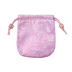 Plum Chinese Style Flower Pattern Satin Jewelry Packing Pouches, Drawstring Gift Bags, Rectangle, Plum, 10.5x10.5cm