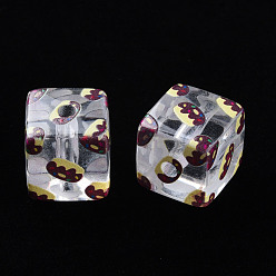 Coconut Brown Transparent Printed Acrylic Beads, Square with Cake Pattern, Coconut Brown, 16x16x16mm, Hole: 3mm