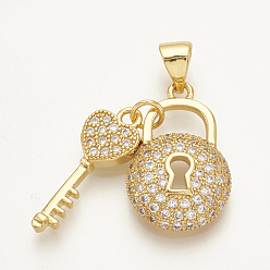 Golden Brass Micro Pave Cubic Zirconia Pendants, Padlock with Key, Clear, Golden, 18.5x12x4mm, Hole: 4x3mm