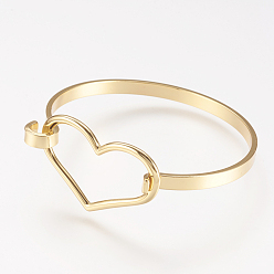 Real 18K Gold Plated Brass Bangle, Real 18K Gold Plated, Heart, Golden, 1-3/4 inchx2-1/8 inch(48x55mm)