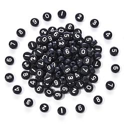 Black Black Opaque Acrylic Beads, Flat Round with White Number, 7x3.5mm, Hole: 1.2mm, about 100pcs/bag.