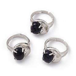Blue Goldstone Synthetic Blue Goldstone Oval with Crescent Adjustable Ring, Platinum Brass Jewelry for Women, Cadmium Free & Nickel Free & Lead Free, US Size 7 3/4(17.9mm)