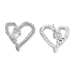 Real Platinum Plated Clear Cubic Zirconia Heart Stud Earrings, Brass Jewelry for Women, Cadmium Free & Nickel Free & Lead Free, Real Platinum Plated, 19.5x20mm, Pin: 0.7mm