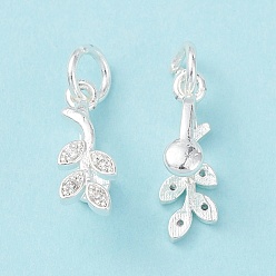 Silver Rack Plating Brass Pave Cubic Zirconia Leaf Shape Ice Pick Pinch Bails, with Open Jump Rings, Cadmium Free & Lead Free, Long-Lasting Plated, Silver, 16.5x5.5x7mm, Hole: 4mm, Pin: 0.8mm