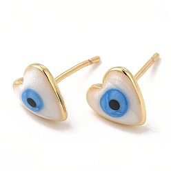 White Enamel Heart with Evil Eye Stud Earrings, Real 18K Gold Plated Brass Jewelry for Women, White, 8x8mm, Pin: 0.7mm