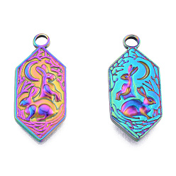 Rainbow Color Ion Plating(IP) 201 Stainless Steel Pendants, Hexagon with Rabbit, Rainbow Color, 28x12x2.5mm, Hole: 2.5mm