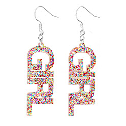 Coloré Boucles d'oreilles pendantes fille mot acrylique bling, bijoux de féminisme en fer plaqué platine pour femmes, colorées, 70mm