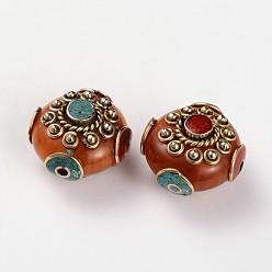 Dark Orange Tibetan Style Flat Round Beads, with Resin Imitation Beeswax, Synthetic Turquoise and Antique Golden Brass Findings, Dark Orange, 24x18.5mm, Hole: 2mm