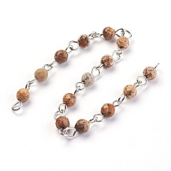 Picture Jasper Handmade Natural Picture Jasper Beads Chains, Unwelded, with Iron Eye Pin, Round, Faceted, Platinum, 12~12.5x4~4.5mm, about 39.37 inch(1m)/strand