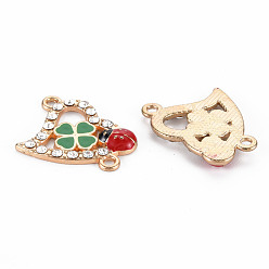 Sea Green Alloy Links Connectors, with Enamel and Crystal Rhinestone, Light Gold, Heart with Ladybird, Sea Green, 18x23x3mm, Hole: 1.8mm