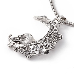 Antique Silver & Stainless Steel Color Alloy Crescent Moon with Skull Pendant Necklace with 304 Stainless Steel Box Chains, Gothic Jewelry for Men Women, Antique Silver & Stainless Steel Color, 24.02 inch(61cm)
