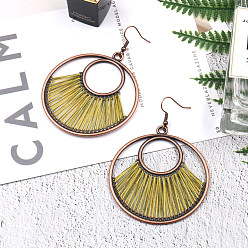 Yellow Creative Design Alloy Dangle Earrings, with Yarn, Flat Round, Red Copper, Yellow, 75x55mm