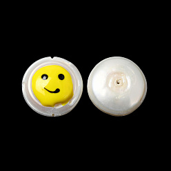 Jaune Perles de perles de keshi naturelles baroques, avec l'émail, perle d'eau douce, plat rond avec le visage, jaune, 17.5~19x17~18x8.5~11mm, Trou: 0.9mm
