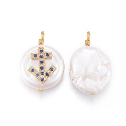 Sagittarius Natural Cultured Freshwater Pearl Pendants, with Brass Micro Pave Cubic Zirconia Findings, Nuggets with Constellation, Golden, Marine Blue, Sagittarius, 17~22x11~16x5~11mm, Hole: 1.6mm
