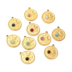 Mixed Stone Ion Plating(IP) 316 Stainless Steel Flat Round Pendants, Natural & Synthetic Mixed Gemstone Sun & Moon Charms, Real 24K Gold Plated, 21.5x18x4.5mm, Hole: 1.6mm