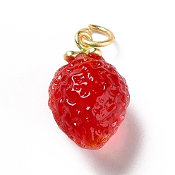 Red Handmade Lampwork Pendants, with Brass Findings, Cadmium Free & Lead Free, Matte Gold Color, 3D Strawberry, Red, 20x12x11.5mm, Hole: 3mm