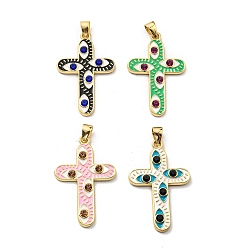 Mixed Color Rack Plating Alloy Enamel Pendants, Cross Charms with Glass, Long-Lasting Plated, Lead Free & Cadmium Free, Golden, Mixed Color, 41.5x26x3mm, Hole: 7x3.7mm