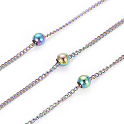 Rainbow Color Ion Plating(IP) 304 Stainless Steel Curb Chains, Twisted Chains, Satellite Chains, with Spool, Round Beads, Soldered, Rainbow Color, 1.4mm, about 32.8 Feet(10m)/roll
