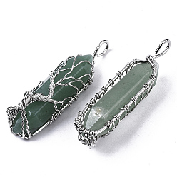 Green Aventurine Natural Green Aventurine Big Wire Wrapped Pendants, with Brass Wires, prismatic with Tree of Life, Platinum, 48~62x14~17x13~18mm, Hole: 4x5~6mm