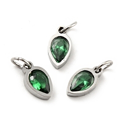 Verde 304 colgantes de acero inoxidable, con circonita cúbica y anillos de salto, encantos de una sola piedra, lágrima, color acero inoxidable, verde, 9.5x5x2.5 mm, agujero: 3.5 mm