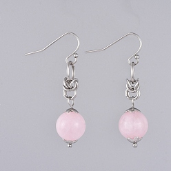 Rose Quartz Natural Rose Quartz Dangle Earrings, with 304 Stainless Steel Flower Bead Caps and 316 Surgical Stainless Steel Earring Hooks, 39mm, Pin: 0.6mm