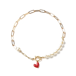 Rouge Colliers de perles de verre de perles, avec 304 chaînes trombones en acier inoxydable et breloques cœur, or, rouge, 16.73 pouce (42.5 cm)