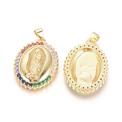 Golden Brass Micro Pave Cubic Zirconia Pendants, Lady of Guadalupe Charms, Long-Lasting Plated, Oval with Virgin Mary, Colorful, Golden, 27x20x3mm, Hole: 5x3mm