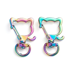Rainbow Color Alloy Swivel Lobster Clasps, Swivel Snap Hook, Cat Shape, Rainbow Color, 34x23x5.5mm, Hole: 4x9.5mm