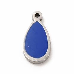 Bleu 304 Bijoux émaillés en acier inoxydable, charme de larme, couleur inox, bleu, 13x6.5x1.4mm, Trou: 1mm