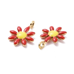 Red Ion Plating(IP) 304 Stainless Steel Charms, with Enamel, Golden, Flower, Red, 10x7.5x2mm, Hole: 1mm