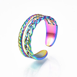 Rainbow Color Couleur arc-en-ciel 304 anneau de manchette en forme de chaîne gourmette en acier inoxydable, anneau ouvert creux pour femme, taille us 9 (18.9 mm)