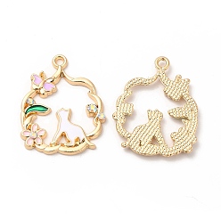 Pearl Pink Alloy Enamel Pendants, with Rhinestone, Cadmium Free & Nickel Free & Lead Free, Golden, Flower with Cat & Flower Pattern, Pearl Pink, 27x22x2.5mm, Hole: 1.8mm