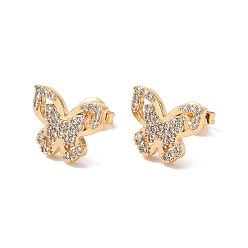 Real 18K Gold Plated Clear Cubic Zirconia Butterfly Stud Earrings, Rack Plating Brass Jewelry for Women, Cadmium Free & Lead Free, Real 18K Gold Plated, 9.5x11mm, Pin: 0.6mm