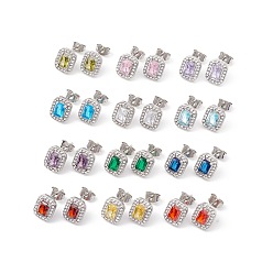 Mixed Color Cubic Zirconia & Rhinestone Rectangle Stud Earrings, Stainless Steel Color Plated 304 Stainless Steel Jewelry for Women, Mixed Color, 10.5x8.5mm, Pin: 0.6mm